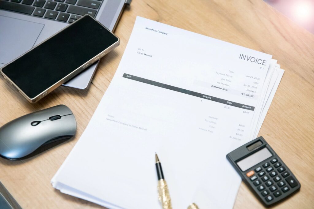 Invoice document on a wooden desk with a calculator, pen, smartphone, and laptop. Financial management and payment processing concept.